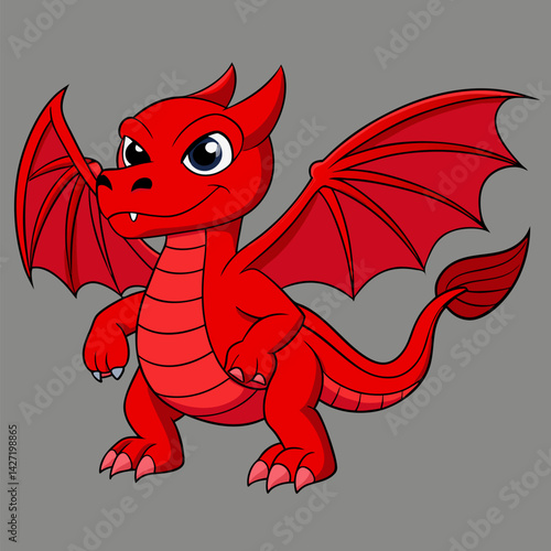 Playful Dragon Illustration: An adorable red dragon, exuding charm and energy, stands confidently with open wings. A fun and friendly creature.