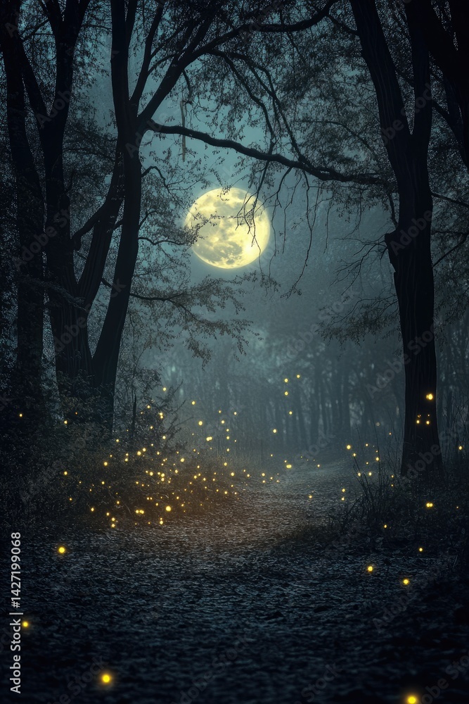 Fototapeta premium Enchanting Moonlit Forest Path with Fireflies.