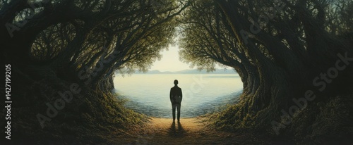 A solitary person stands facing a tranquil body of water