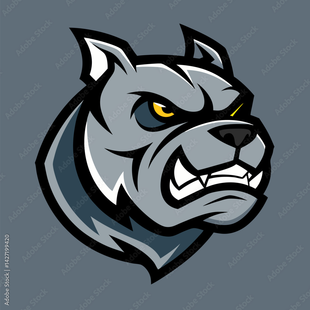 Obraz premium Fierce Bulldog Mascot: A powerful and menacing bulldog mascot with sharp teeth and intense eyes, ready to dominate the competition. It's a perfect symbol for a sports team, a company logo.