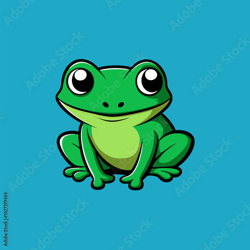 Cute Smiling Frog on Blue: A captivating illustration showcasing a charming green frog, its endearing smile and innocent eyes conveying a sense of tranquility, all set against a vibrant blue backdrop.