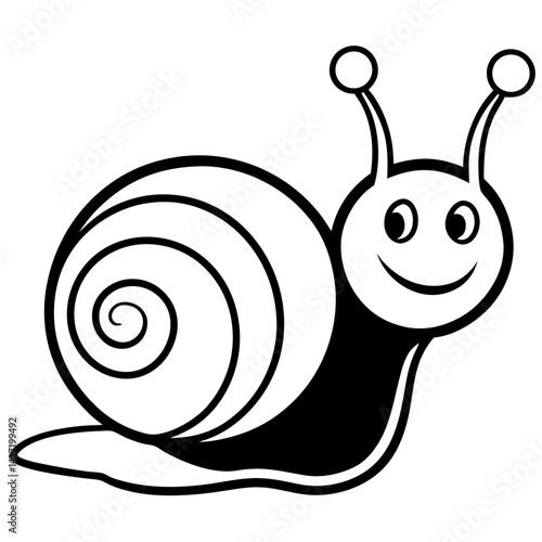 Smiling Snail Illustration: A simple, cheerful snail illustration in black and white, with a friendly smile and a spiraled shell. Evoking simplicity and nature.