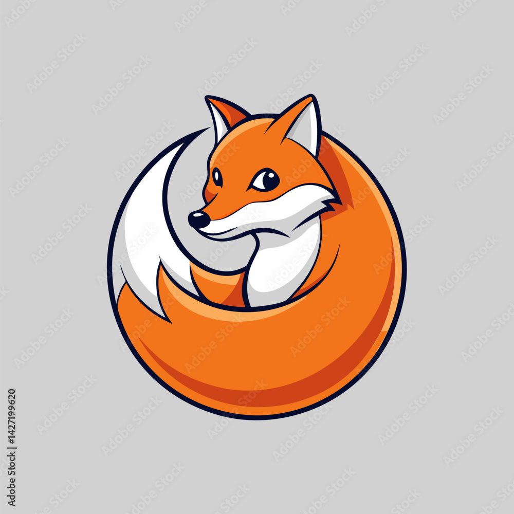 Obraz premium The Orange Fox: A friendly and cheerful fox curls into itself, its vibrant orange fur contrasting against the clean, minimalist design. The fox appears happy, welcoming, and calm.