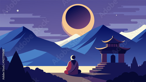 A traveler seeking wisdom and enlightenment gazes upon a stoic eclipse in a secluded mountain temple.. Vector illustration