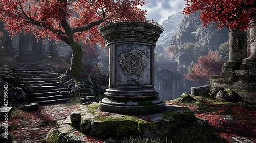 Ancient stone pillar in autumnal mountain landscape; background shows ruins and red foliage; ideal for fantasy game or historical fiction
