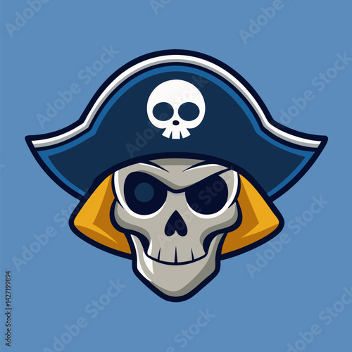 Sinister Pirate Skull: A cartoon illustration showcasing a fearsome pirate skull with a jaunty hat, a skull-adorned bicorn, and a mischievous gleam in its eye. The perfect embodiment of adventure.
