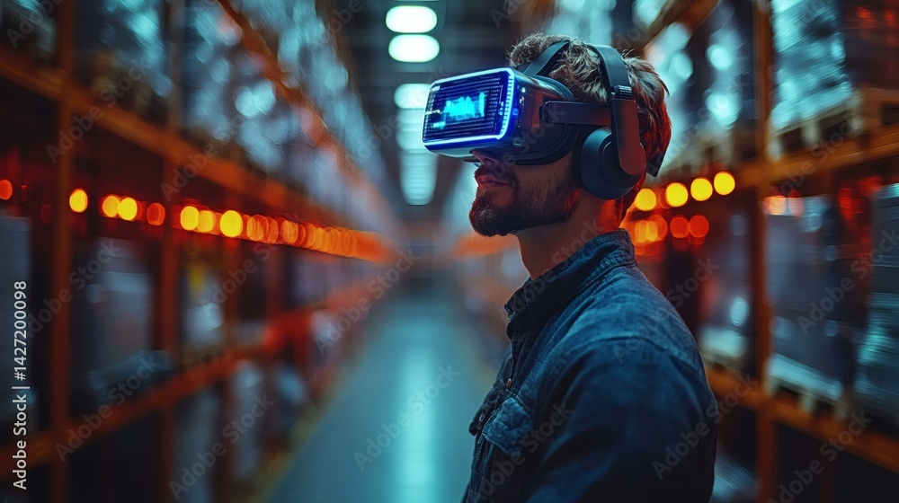Modern warehouse worker using virtual reality headset for inventory management, future technology Modern warehouse worker using virtual reality headset for inventory management, future technology