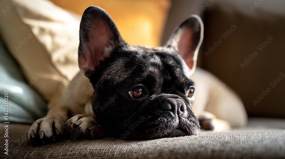 French Bulldog relaxing a cozy couch small compact body cute wrinkled face apartment friendly dog breed soft indoor lighting realistic home scene French Bulldog relaxing a cozy couch small compact body cute wrinkled face apartment friendly dog breed soft indoor lighting realistic home scene