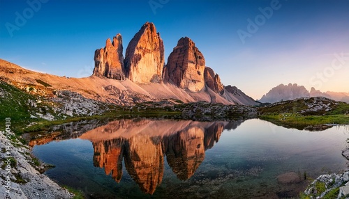 tre cime di lavaredo with reflection in lake at sundown dolomites alps