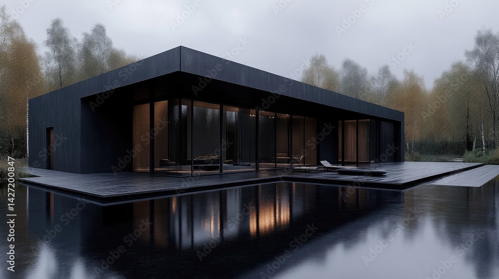 Obraz premium Dark modern home with pool in tranquil forest setting