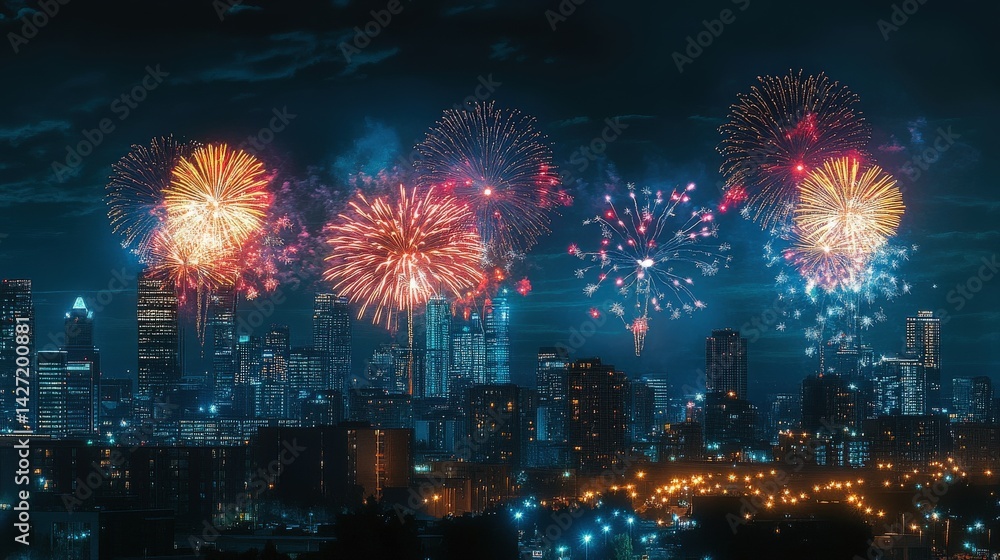 Fireworks explode over a cityscape at night. Fireworks explode over a cityscape at night.