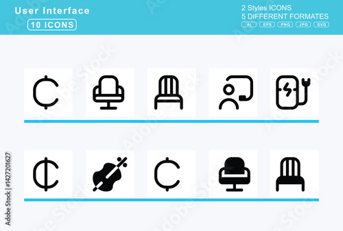 Set of 5 solid user interface icons,cassette, vhs, castle, cauldron, cedi, sign, cello