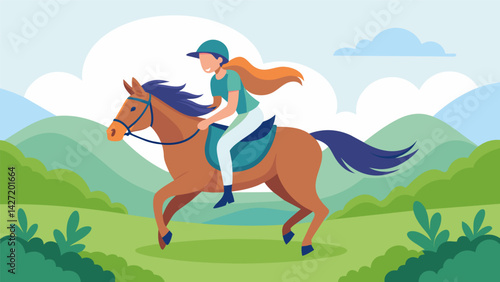 A rider and her trusty mount gallop through a grassy meadow jumping over natural obstacles and testing their brave and speedy partnership.. Vector illustration