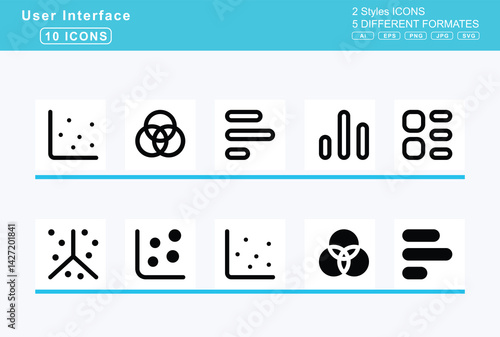 Set of 5 solid user interface icons,chart, pie, pyramid, radar, scatter, d