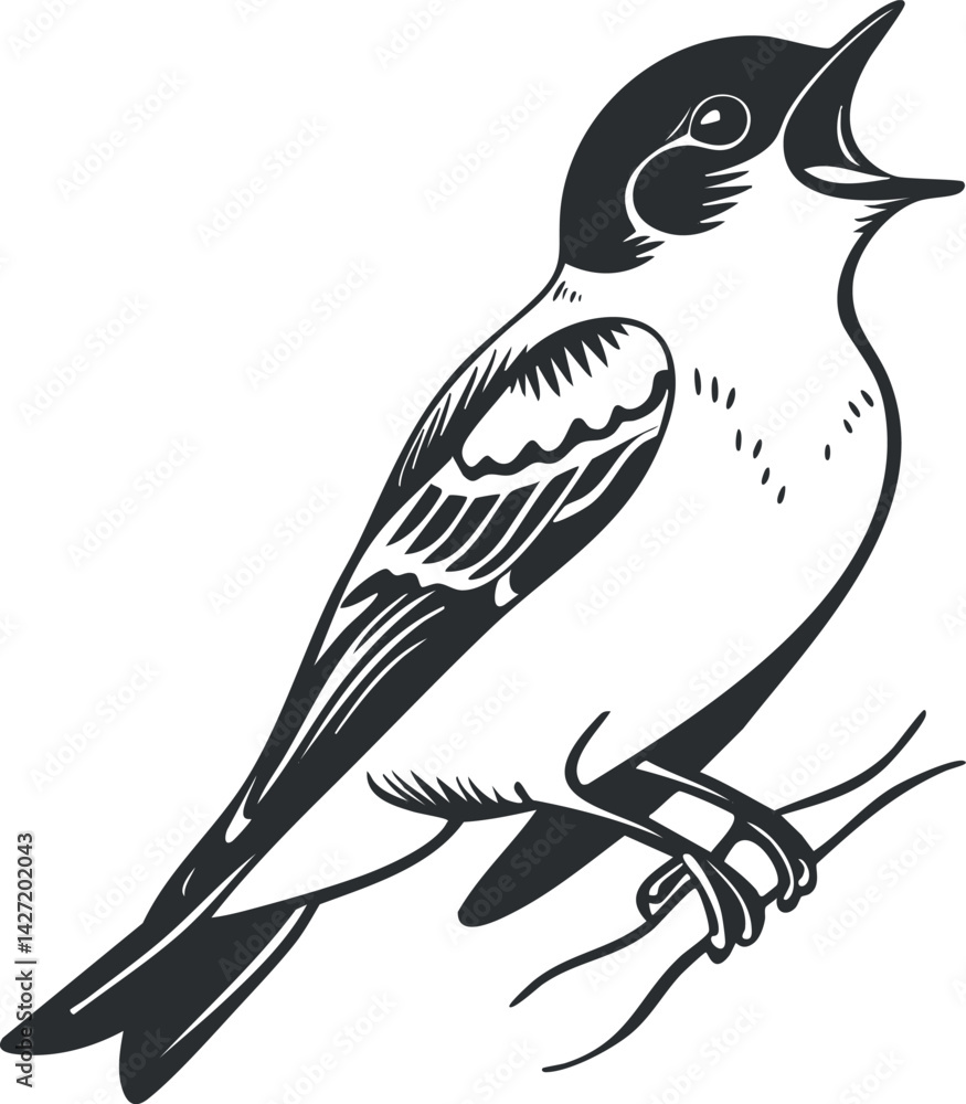 Obraz premium Stylized illustration of a singing bird perched on a branch in black and white.