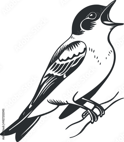 Stylized illustration of a singing bird perched on a branch in black and white.