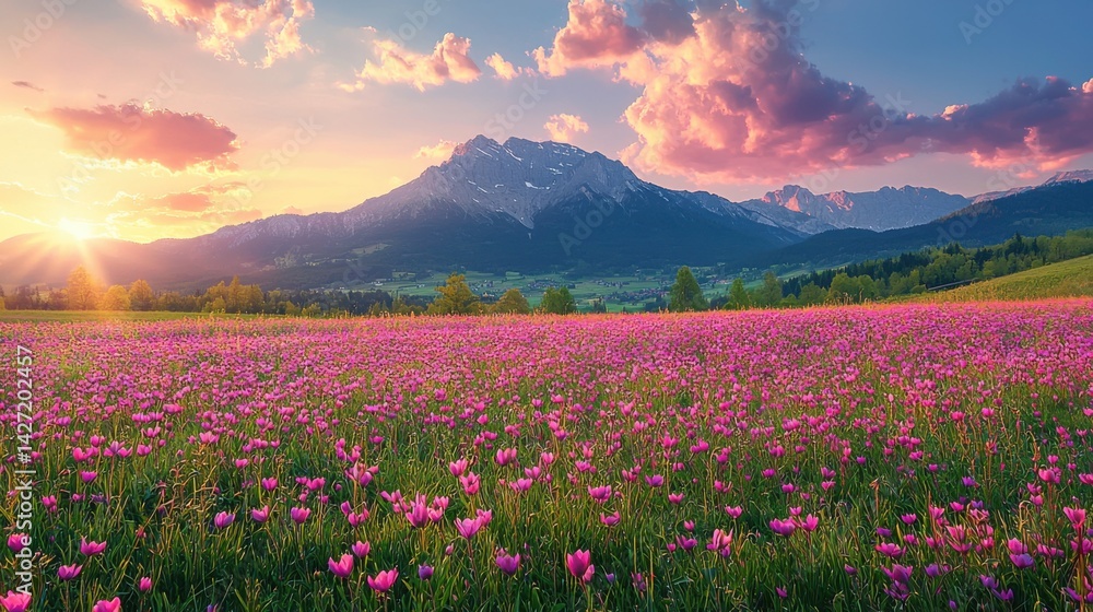 Fototapeta premium Blooming meadow in Alps at sunset provides a dreamy mountain landscape