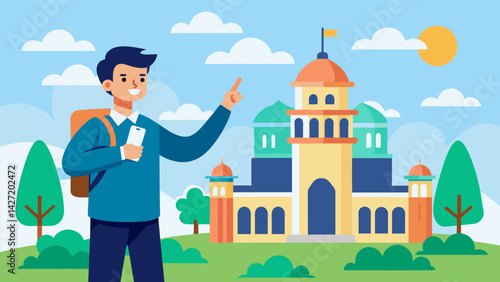 A student leads a campus tour pointing out important landmarks and sharing their experiences as part of their workstudy job as a tour guide for the. Vector illustration