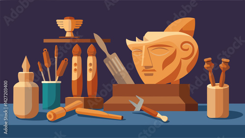 A set of wooden carving tools laid out on a workbench next to a halffinished sculpture embodying the dedication and discipline required for. Vector illustration