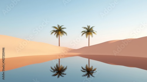 A serene desert scene with two palm trees reflected in a calm body of water, surrounded by gentle sand dunes under a clear sky.