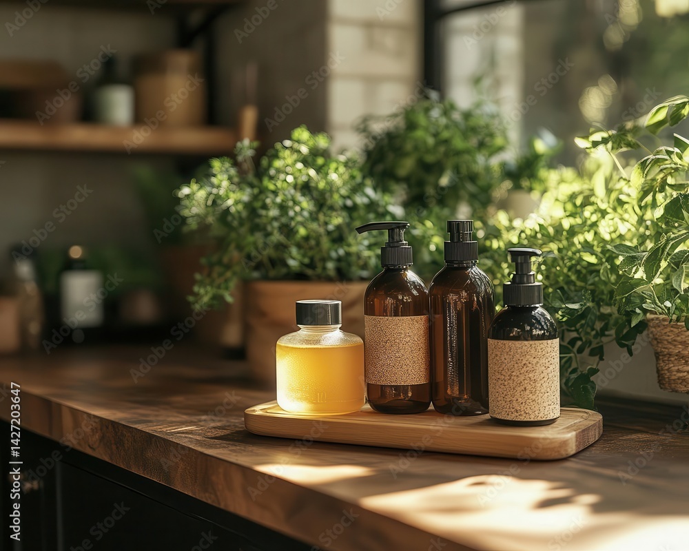 A closeup of ecofriendly cleaning products on a kitchen counter, Green Living, Conscious and practical