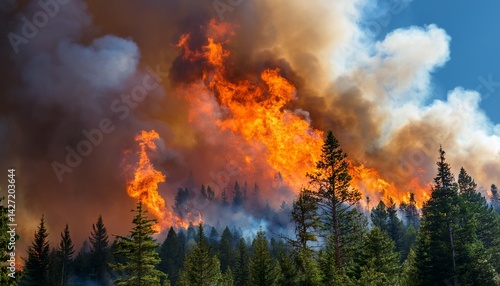 wildfire burning through forest creating dense smoke and flames