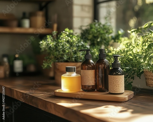 Obraz na płótnie A closeup of ecofriendly cleaning products on a kitchen counter, Green Living, Conscious and practical w salonie