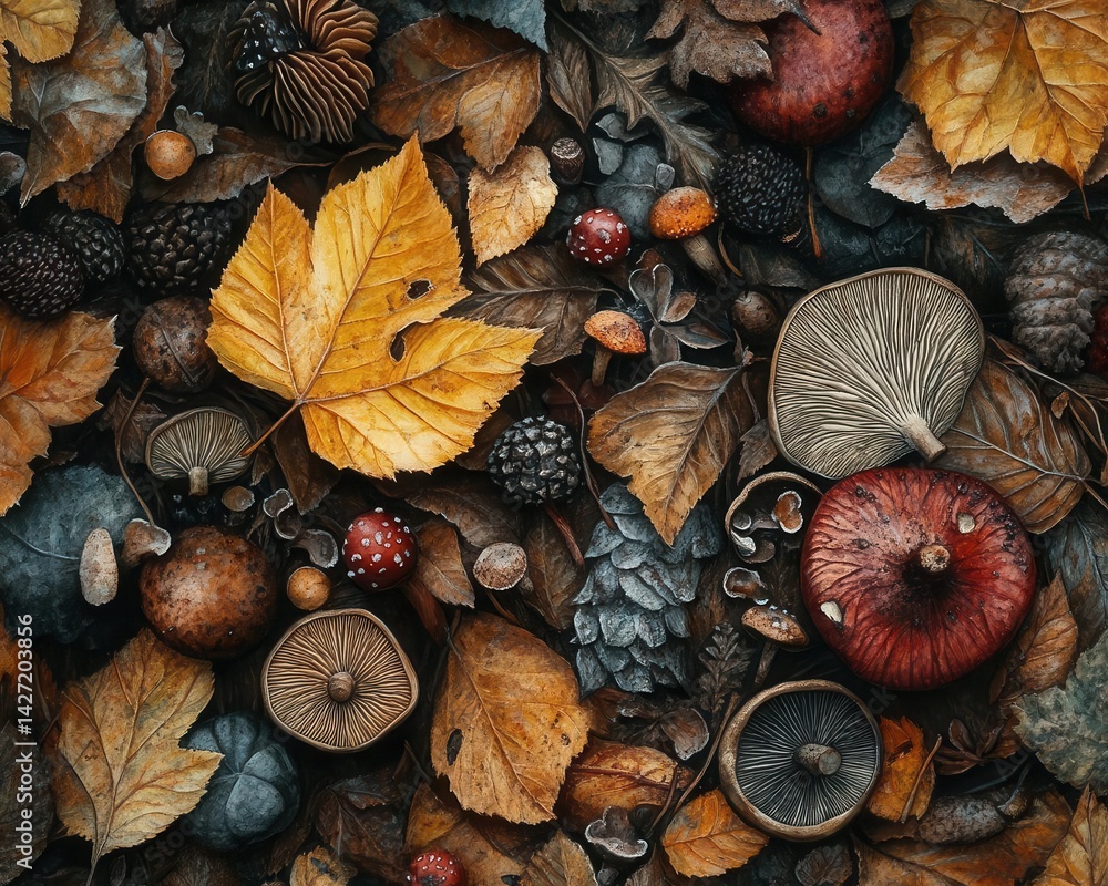A closeup of forest floor details with fallen leaves and mushrooms, Forest, Intricate and earthy