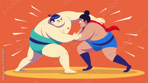 In a display of brute force and skill two sumo wrestlers slam into each other like charging bulls sending shockwaves through the ring.. Vector illustration
