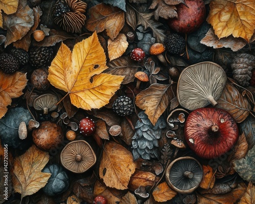 Obraz na płótnie A closeup of forest floor details with fallen leaves and mushrooms, Forest, Intricate and earthy w salonie