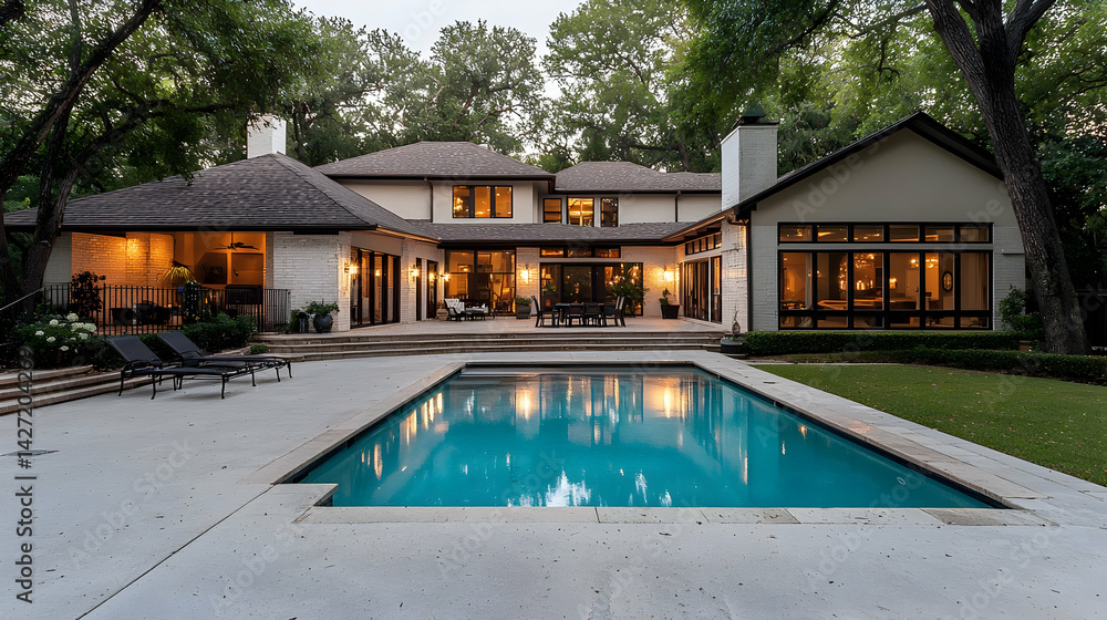 Fototapeta premium Modern House Exterior With Pool At Dusk