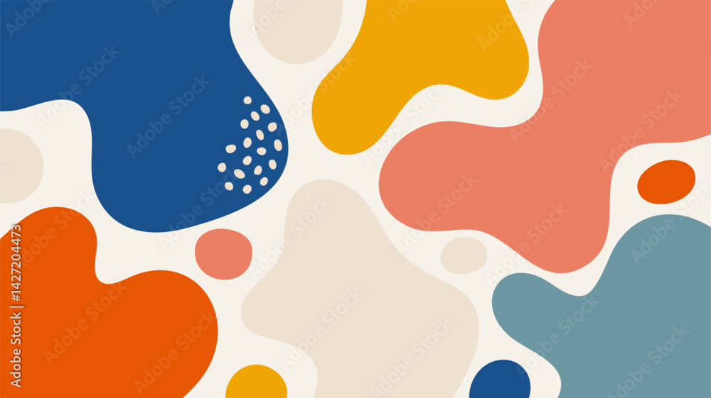 Minimal abstract vector background with organic fluid shapes in soft earth tones, featuring blue, orange, beige, yellow, and coral elements in a modern, playful design Minimal abstract vector background with organic fluid shapes in soft earth tones, featuring blue, orange, beige, yellow, and coral elements in a modern, playful design
