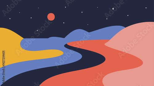 Minimalist abstract landscape illustration featuring colorful hills, a winding path, and a starry night sky with a red moon, created in flat vector style with bold shapes and a modern aesthetic