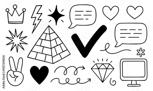 Hand-drawn doodle vector icons set featuring speech bubbles, hearts, crown, diamond, pyramid, peace sign, check mark, lightning, starbursts, arrows, swirl, and a monitor, all in black outline style
