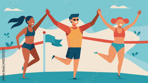 As they cross the finish line exhausted and triumphant the swimmers are filled with a sense of accomplishment and pride for completing such a daunting. Vector illustration