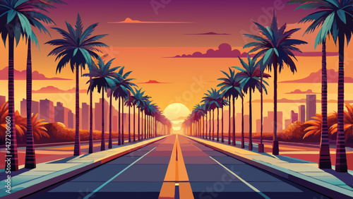 Very beautiful serene boulevard lined with symmetrical palm trees, glowing in sunset warm hues