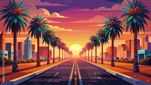 Very beautiful serene boulevard lined with symmetrical palm trees, glowing in sunset warm hues
