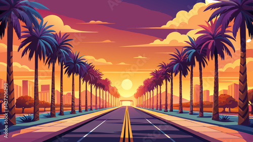 Very beautiful serene boulevard lined with symmetrical palm trees, glowing in sunset warm hues