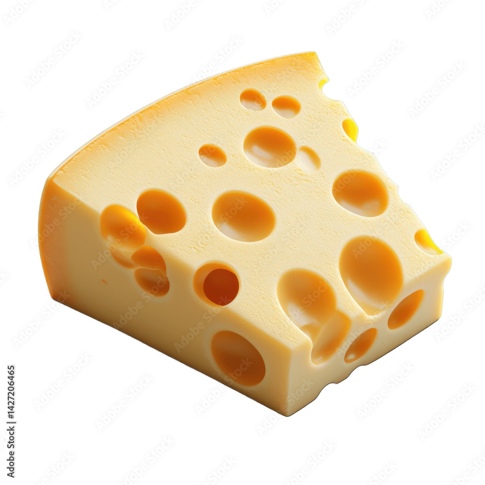 Volumetric illustration of a cheese wedge with holes showcasing its texture and structure on a plain background Volumetric illustration of a cheese wedge with holes showcasing its texture and structure on a plain background