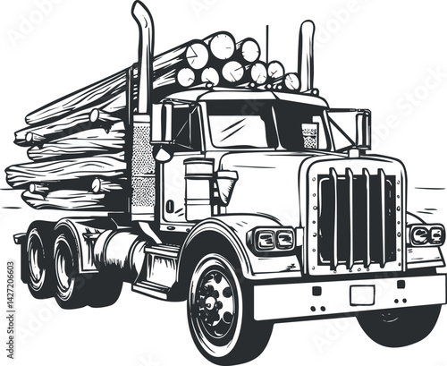A heavy-duty logging truck transporting timber logs on a rural road.