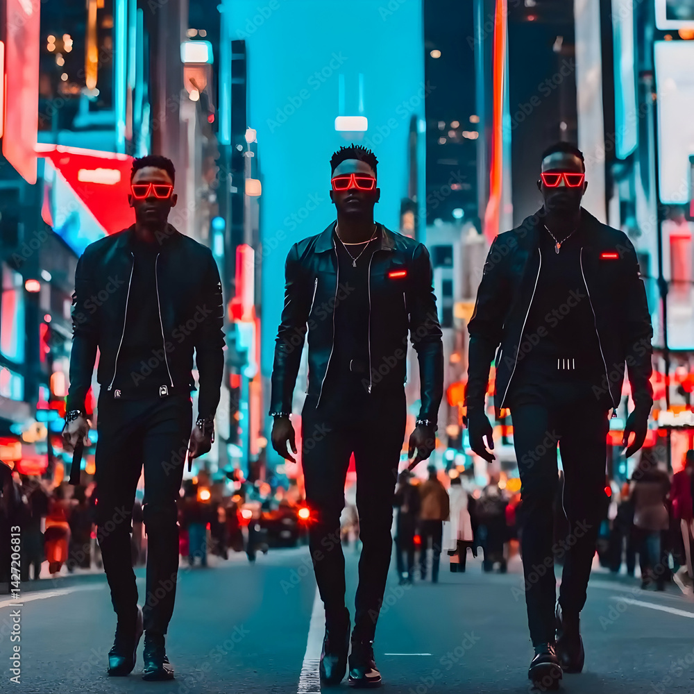 Naklejka premium Three men in black leather jackets and red glasses walk Times Square, NYC, at night