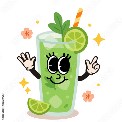 Funny mojito cartoon character in retro style. Cute green cocktail with mint, lime, ice and straw. Fun summer drink flat vector illustration.
