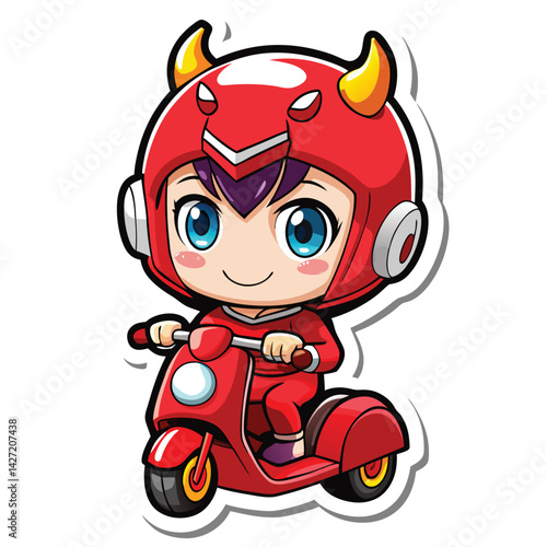 Cute cartoon character riding a red scooter