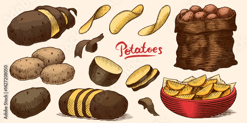 Potatoes and plant hand drawn. Collection of vegetables and chips in a dish and full sack of fresh food. Spud or pratie engraved pieces. Murphy in groups ready to eat