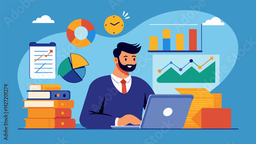 A concernedlooking man attentively studies charts and graphs displayed by a financial advisor seeking guidance on navigating his upcoming student loan. Vector illustration