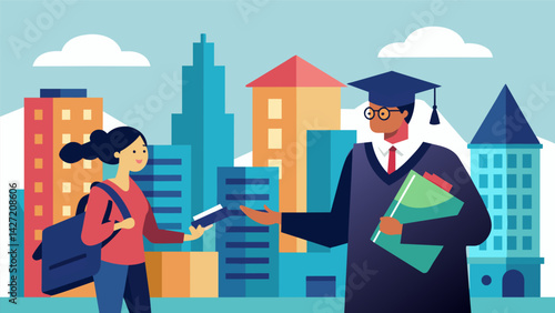 A graduate receives a job offer in a city with high housing costs but hesitates to accept due to their large student loan burden.. Vector illustration