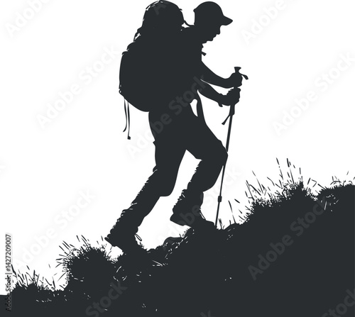 A silhouette of a hiker climbing a grassy slope with trekking poles against a scenic backdrop.