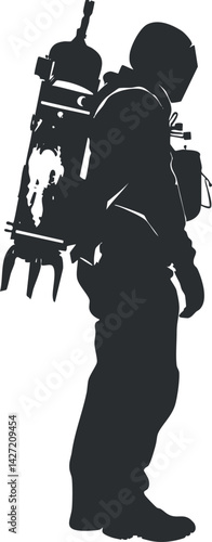 Silhouette of an astronaut in a futuristic space suit with a backpack ready for exploration.