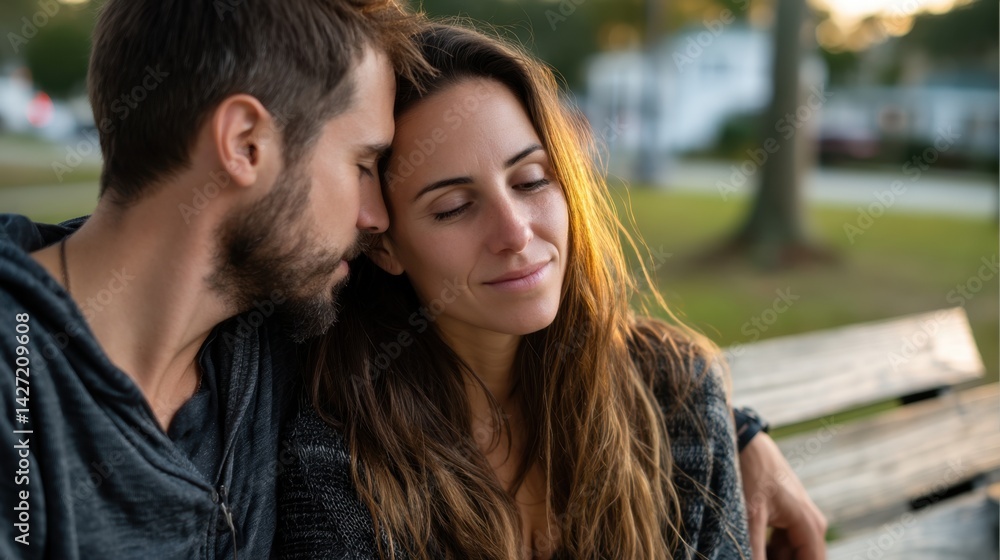 Close-up of a Romantic Couple Sitting on a Park Bench with Eyes Closed, Sharing Intimate Moment During Golden Hour Close-up of a Romantic Couple Sitting on a Park Bench with Eyes Closed, Sharing Intimate Moment During Golden Hour