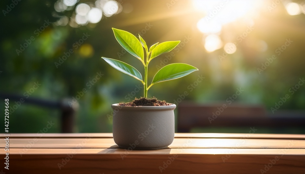 Green Plant Sprout Growing in Gray Pot on Wooden Tray in Sunlight Green Plant Sprout Growing in Gray Pot on Wooden Tray in Sunlight